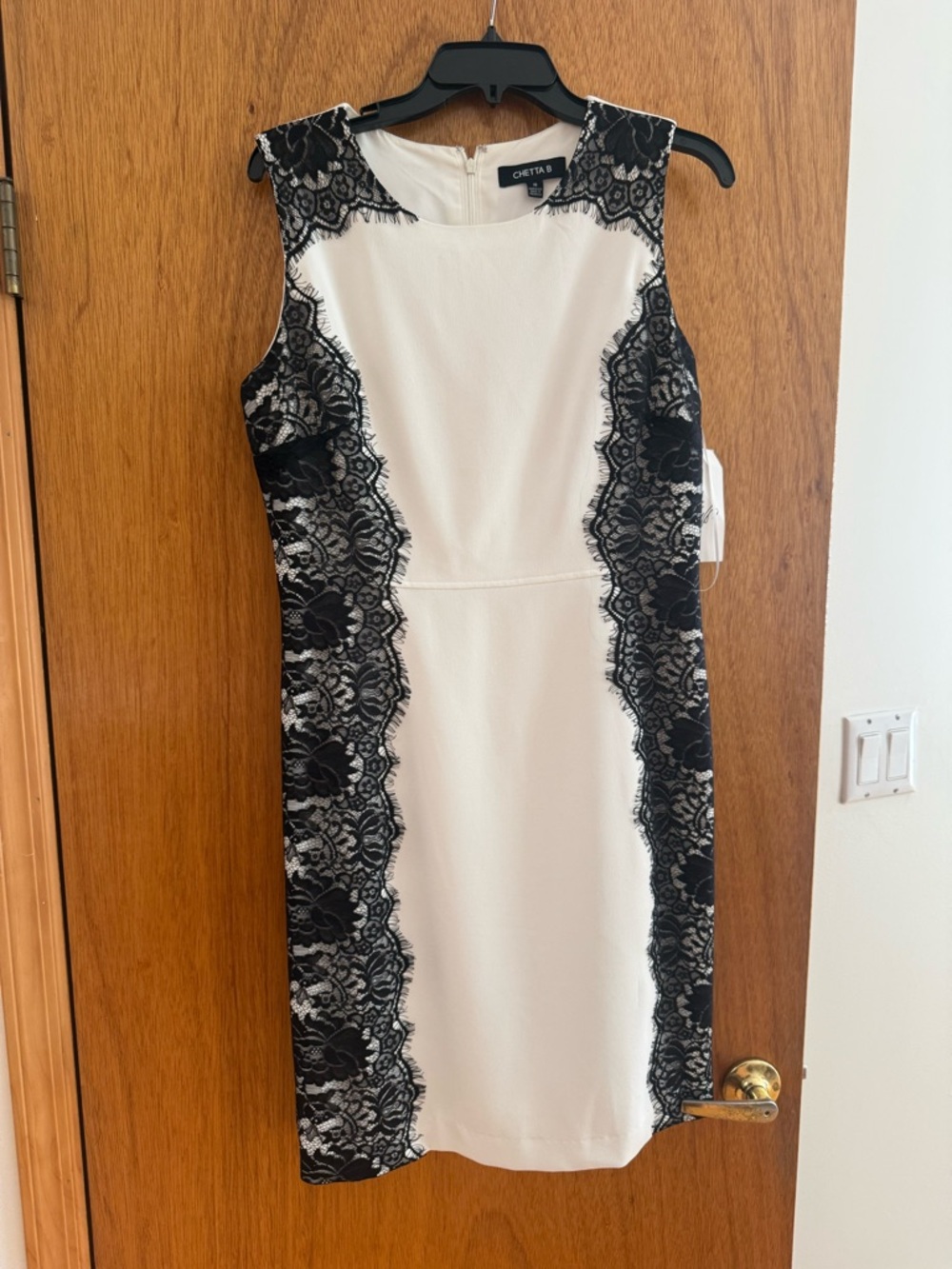 Chetta B White Midi Dress with Black Lace Panels